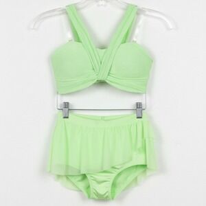 Double Platinum SET Lime Green Ribbed Knot Halter Dance top and Skirted brief AM